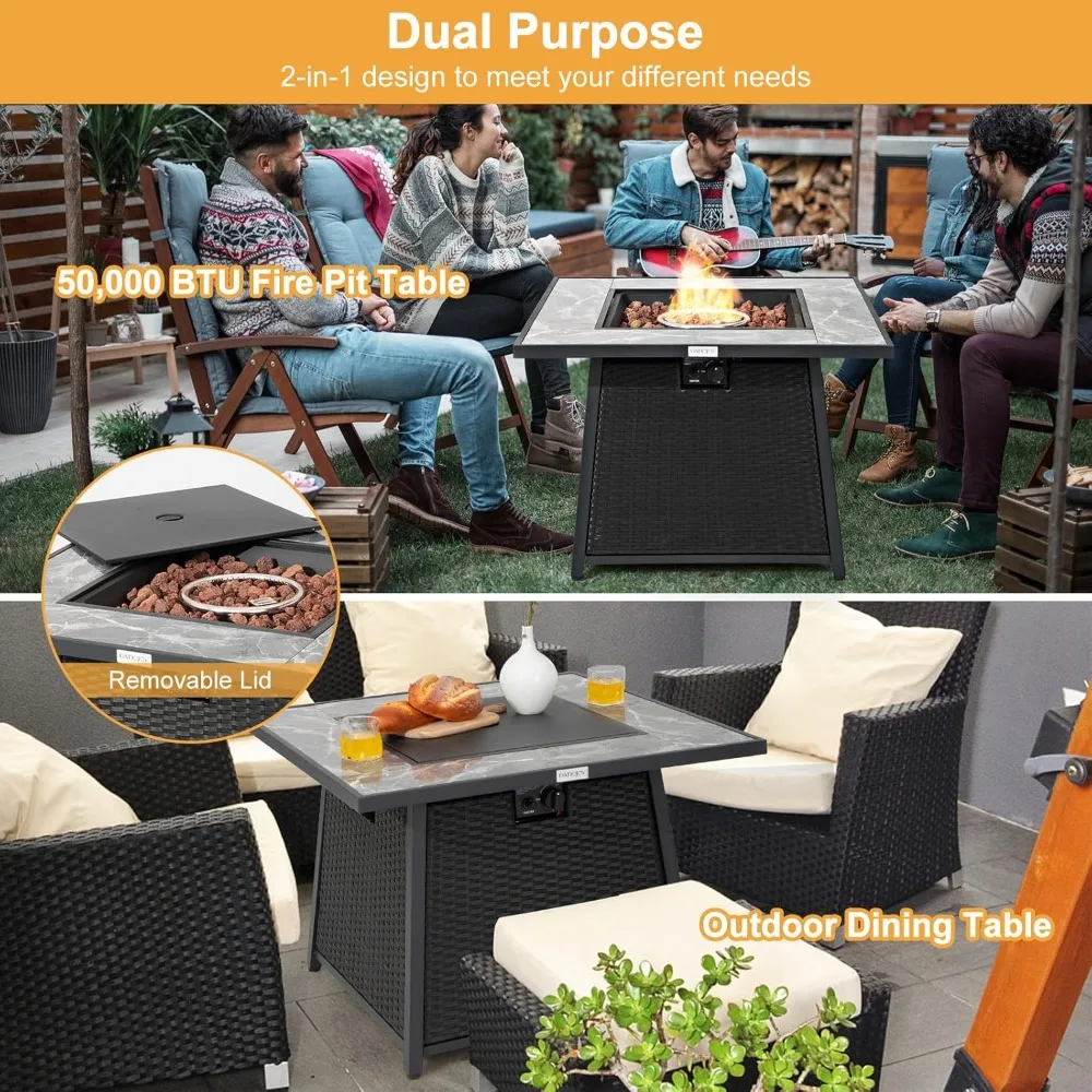 Fire Pit Table 35 Inch Propane Gas Fire Pit 50,000 BTU Outdoor W/Lid Auto-Ignition Square Firepit Table