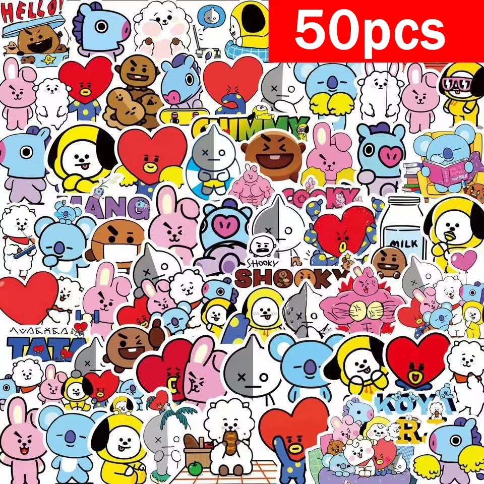 

Kawaii 50pcs Bt21 Stickers Suitcases Laptops Cars Mobile Phones Refrigerators Waterproof Stickers Cooky Koya Tata Anime Gift Toy