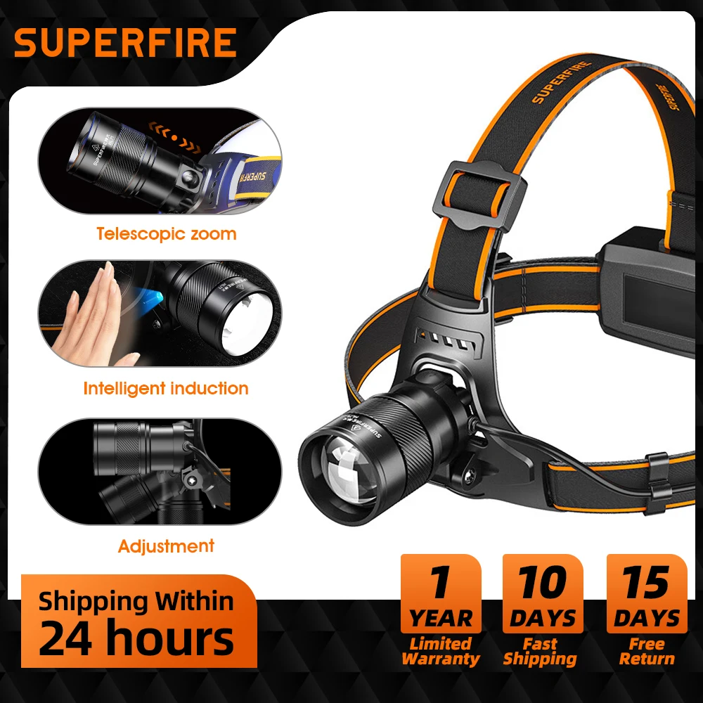 SUPERFIRE LED Headlamp Fishing Headlight Zoomable With Sensor Waterproof Super Bright Camping Light Power Large Capacity Battery