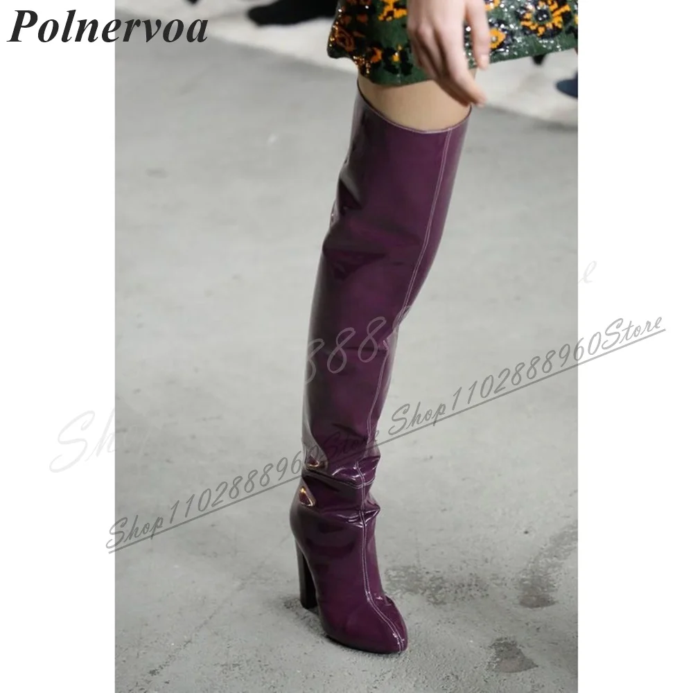 Over The Knee Purple Catwalk Leather Boots Chunky High Heel Women Shoes Side Zipper Pointed Toe 2024 Fashion Zapatos Para Mujere