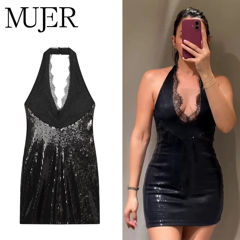 MUJER Pailletten Neckholder Minikleid Frau Spitze Luxus Abendkleider für Frauen Sexy rückenfreie kurze Kleider schulterfreies Nachtkleid