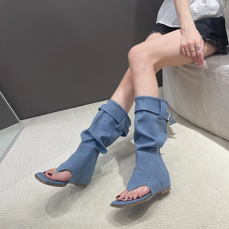 Toe-exposing2026New Summer Boots,Toe-clamp Boots,Foot-clamp Sandals,Flat Shoes with Internal Height Increase,Pile-up Short Boots