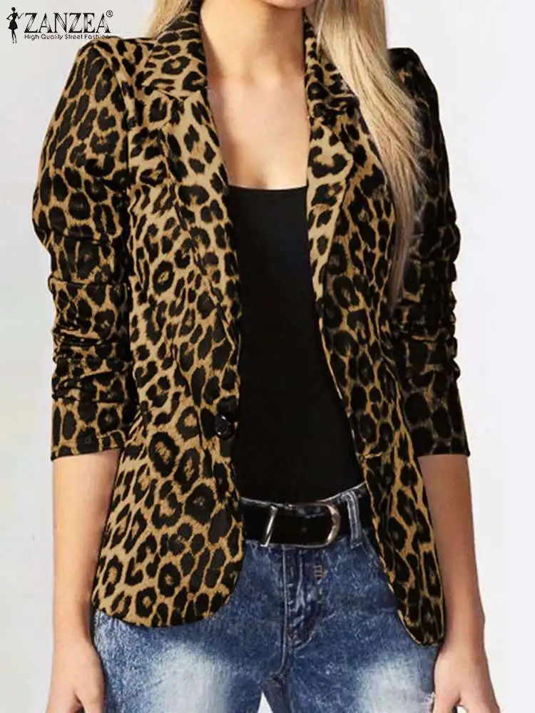 ZANZEA Women OL Suits Fashion Leopard Print Office Blazer Button Up Outwears 2024 autunno donna Leopard risvolto cappotti Streetwear