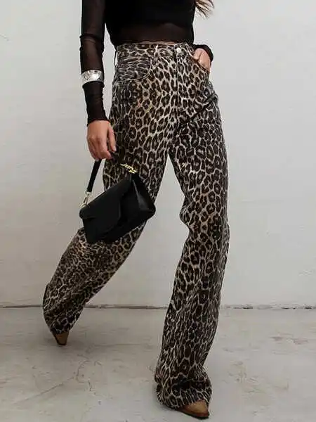 ارتفاع الخصر مستقيم الساق ليوبارد طباعة عارضة السراويل Faion مثير الشارع Sle السراويل الطويلة المرأة عارضة Faion السراويل #3
