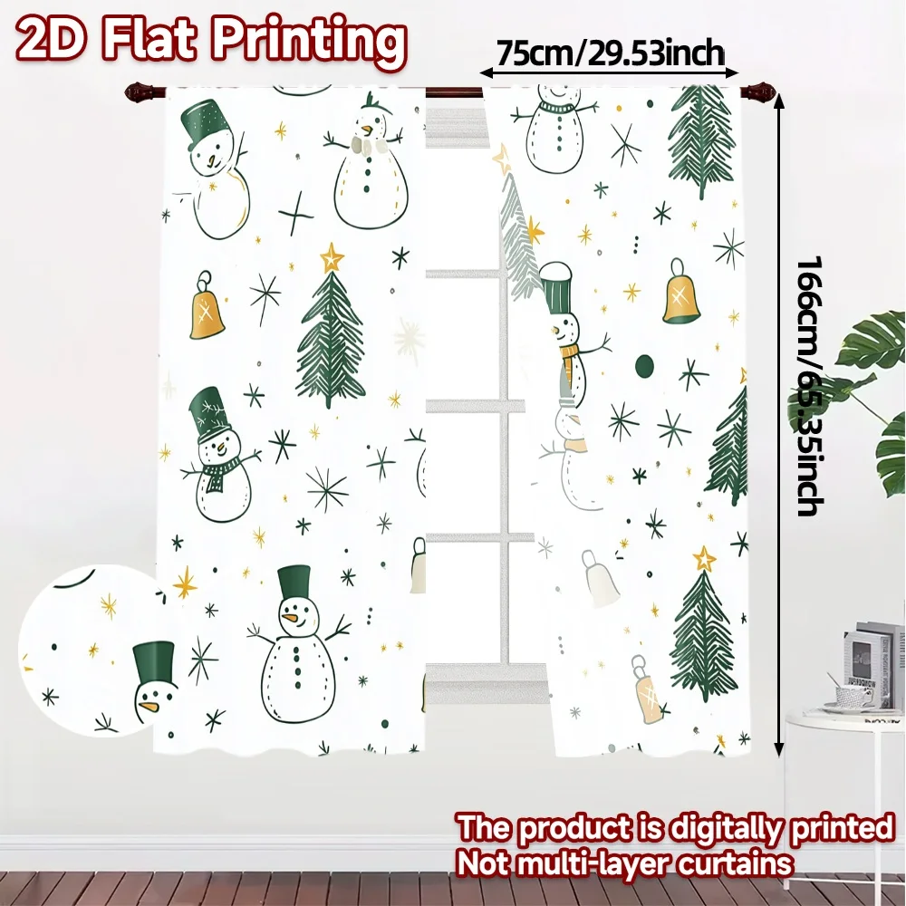 2pcs,Curtains Cute Christmas Snowman Tree Gift Chic Curtains Digital Printed Semi-Sheer Curtains Versatile All Suitable for