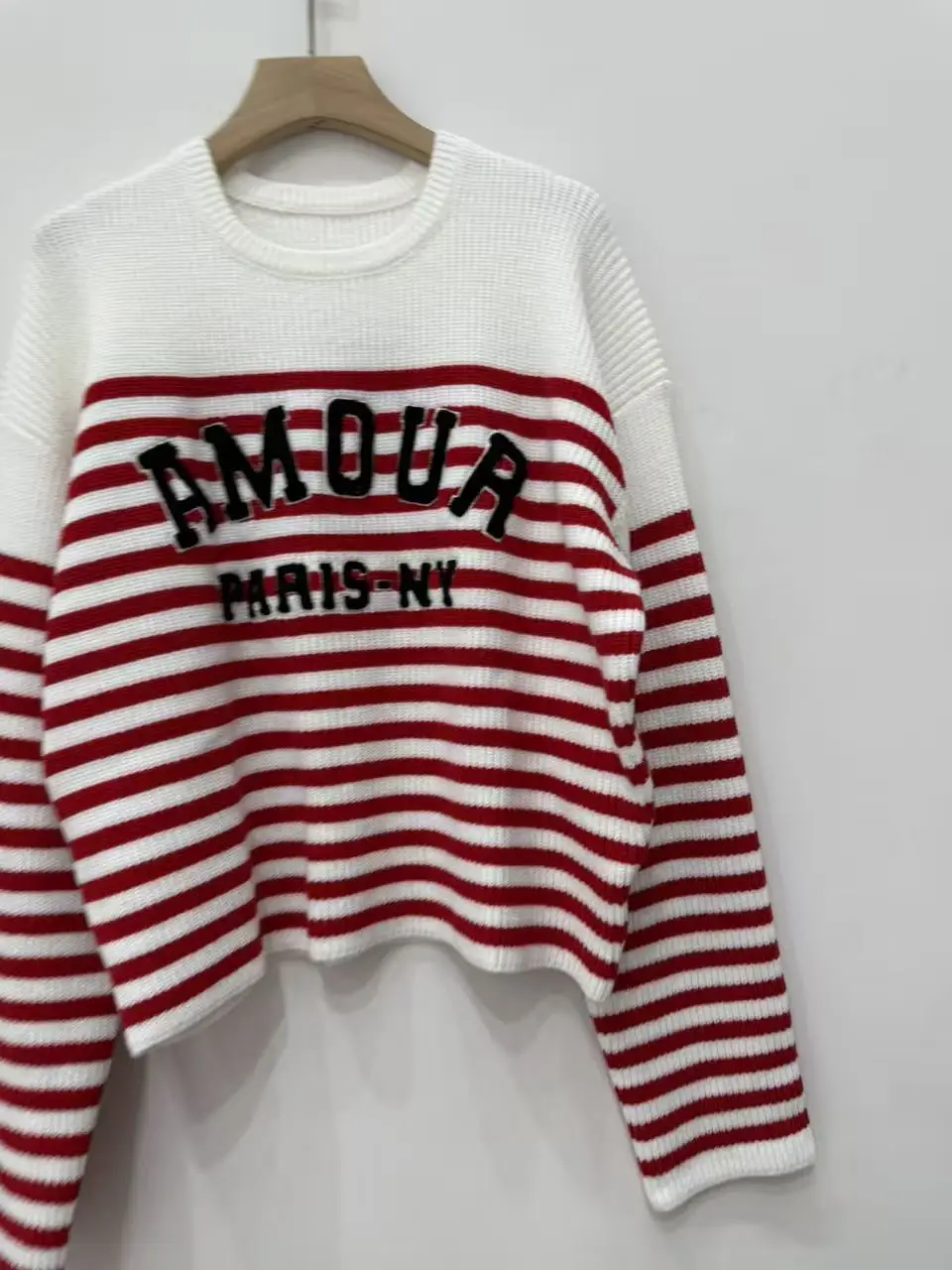 

Women's Red Stripes Sweater Top Embroidery Letter Round Neck Casual Female Long Sleeves Pullover