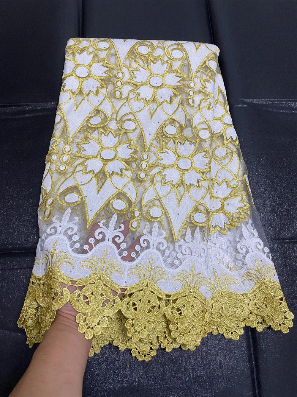 White And Gold Lace Fabric With Stones African Tulle Lace Fabric 5 Yards French Lace Embroidery For Women Dress