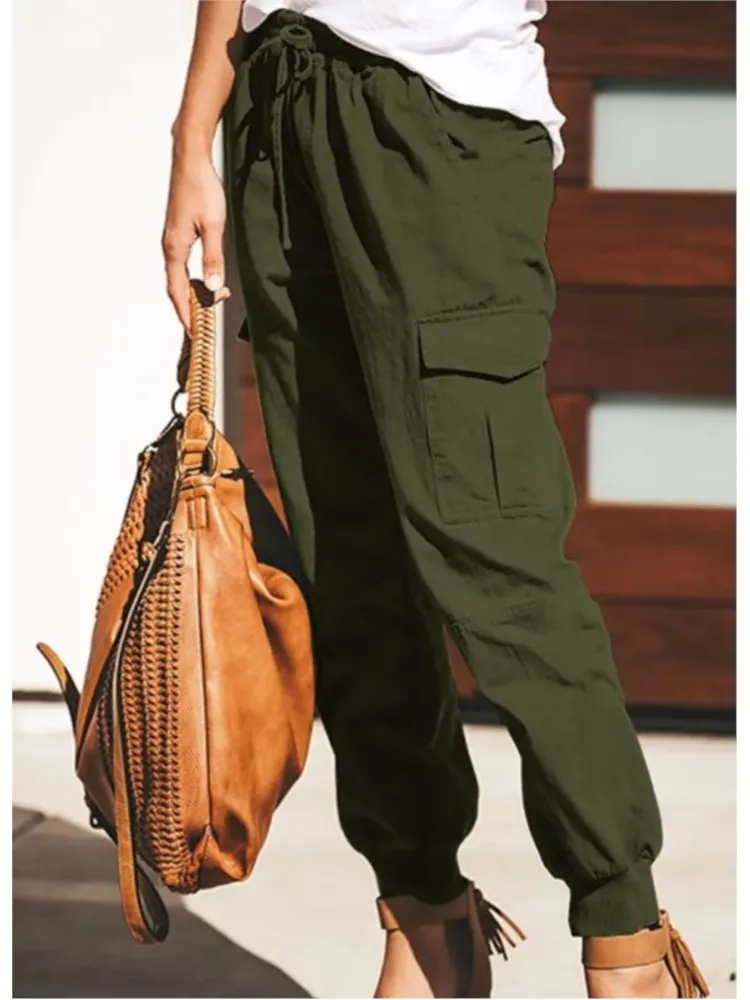 Casual Green Cargo Pants Women Loose Lace Up Elastic Waist Pockets Jogging Sport Woman Long Pants Fashion Streetwear Pant 2023