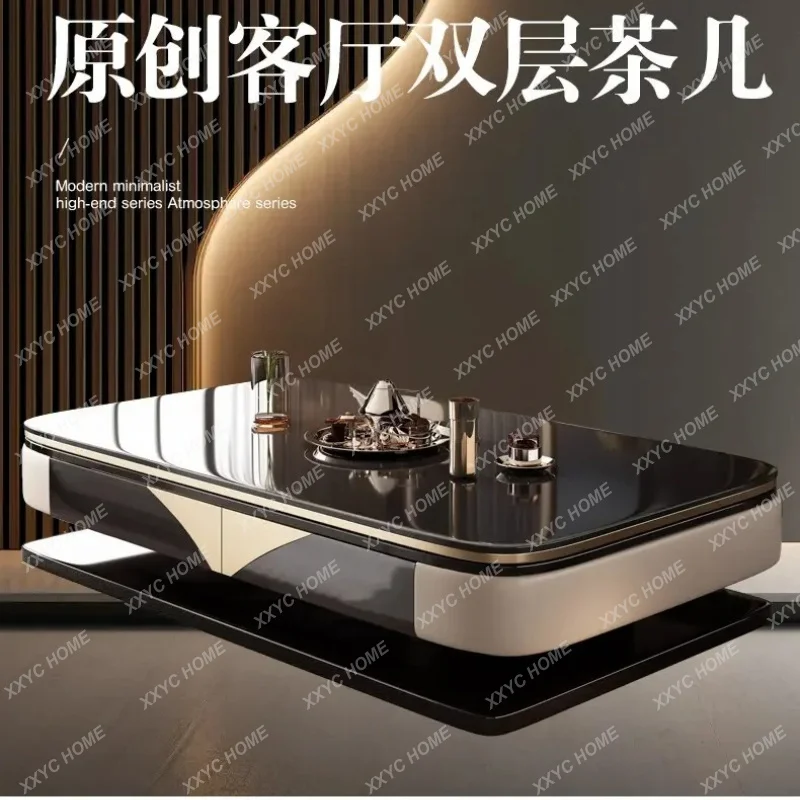 XX Luxury Living Room Double Layer Coffee Table Microcrystalline Stone Solid Wood Large House Modern High 55cm