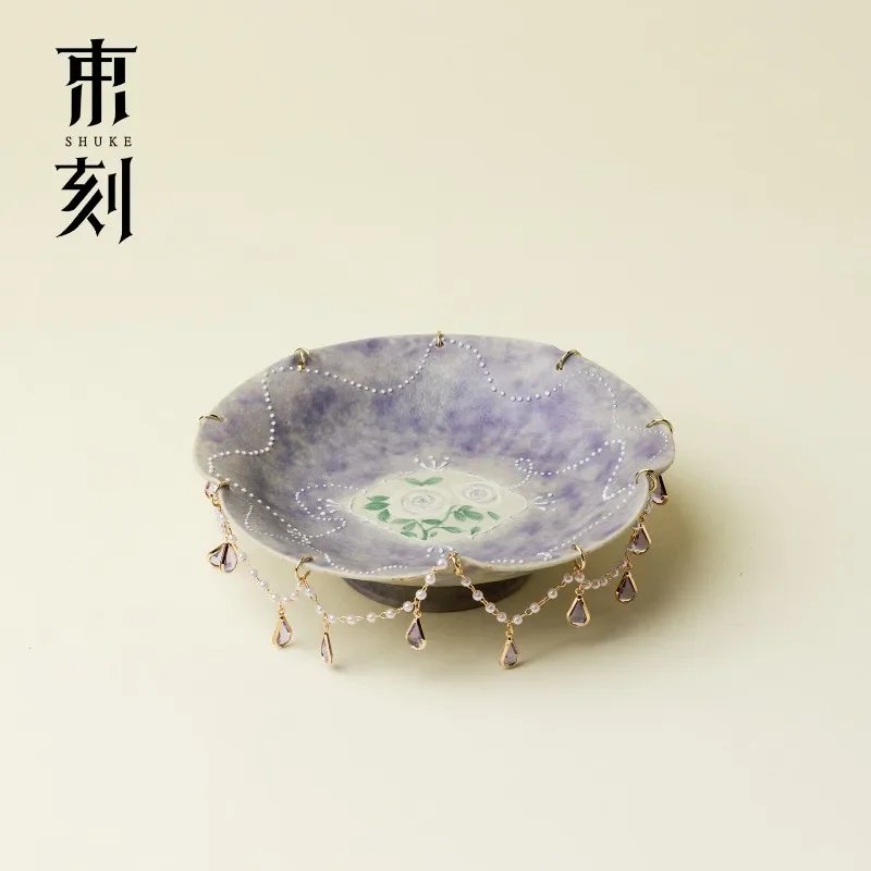 Bundle engraved smoked purple hand-painted rose pot bearing ceramic dry bubble tray fringed pearl chain decorative tea tray
