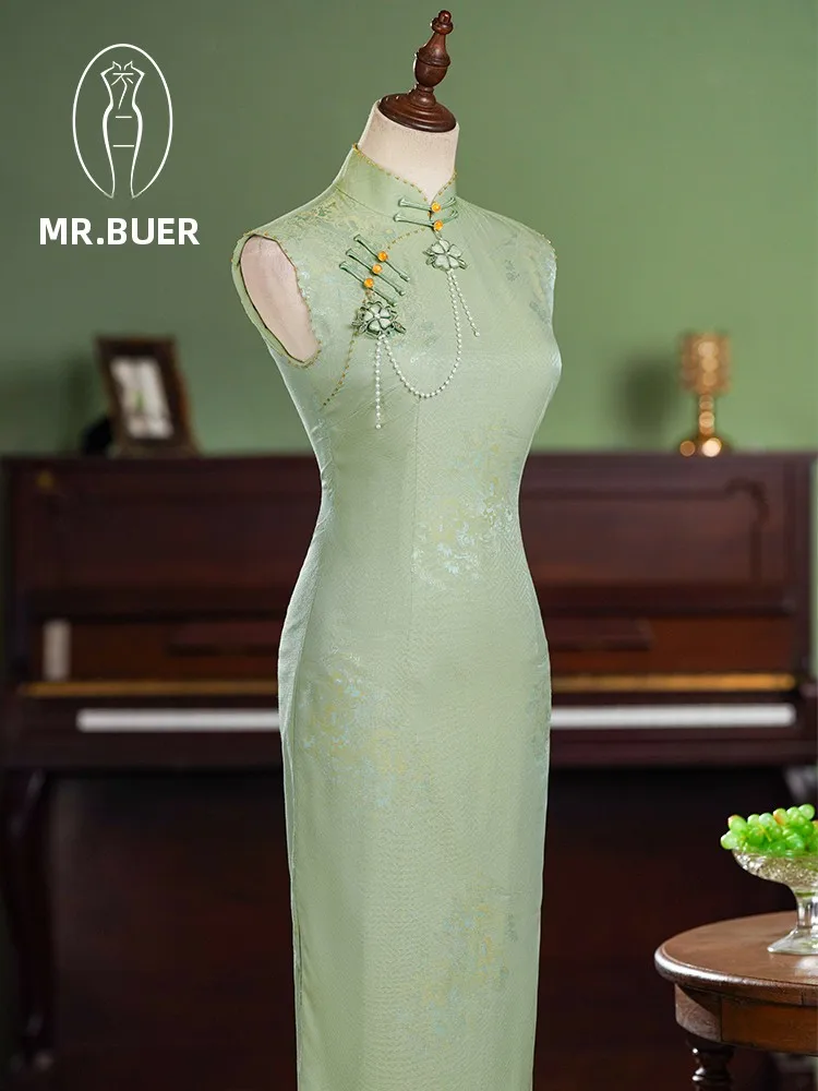 

Elegant Green Silk Young Style Dress Mr. Not Two High End Chinese New Satin Wind Beautiful Long Qipao Gown for Women