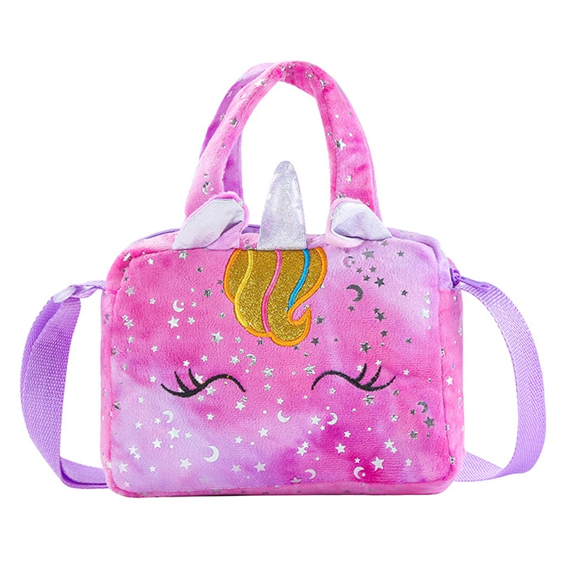 Unicórnio infantil de pelúcia macia mini bolsa crossbody feminina, bolsa de meninas, 2 em 1, estilo bonito e fresco, estrela brilhante, lua