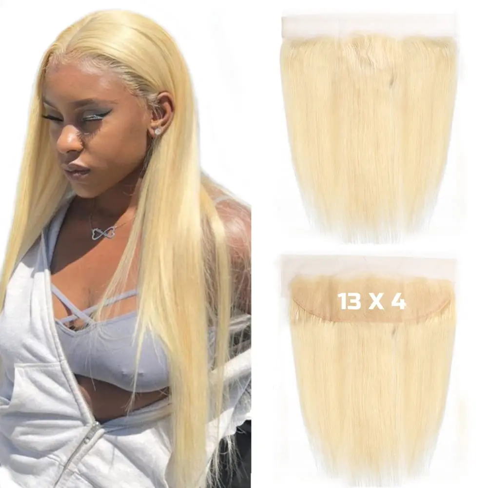 Mèches Brésiliennes Naturelles Vierges Lisses avec Closure, Oreille à Oreille, 613 Blond, 13x4, avec 3 Lots, 100%