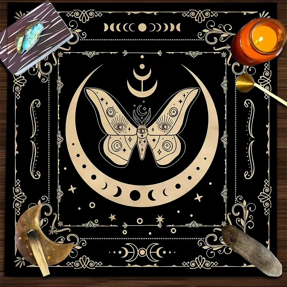 VIKAMA Gold Moth Moon Phase All Seeing Eye Tarot Tablecloth Mystical Occult Altar Cloth Divination Mat Durable Home Decor