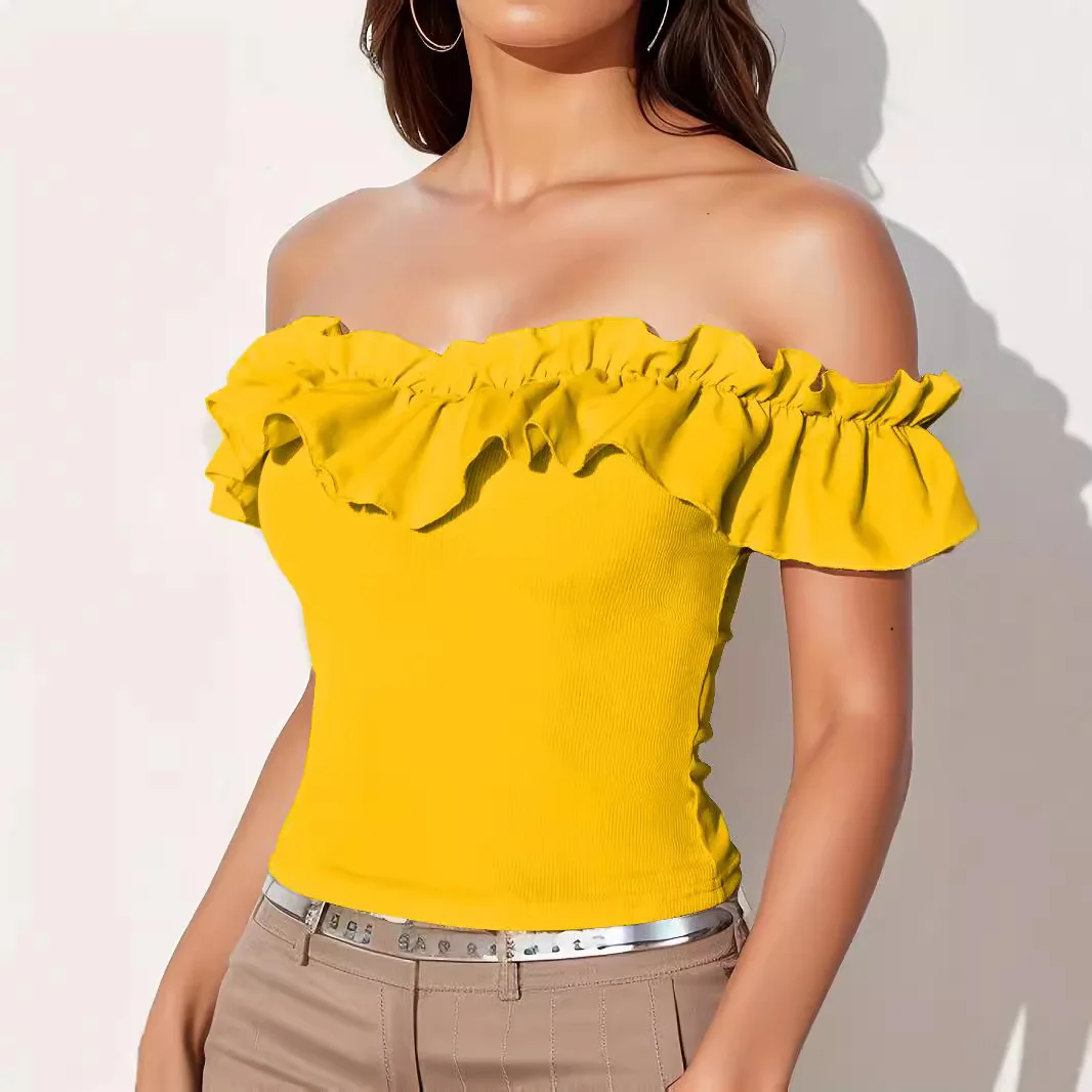 

Women's Sexy One-word Shoulder Ruffle Edge Decorative Crop Top, Solid Color Clothing, Y2K