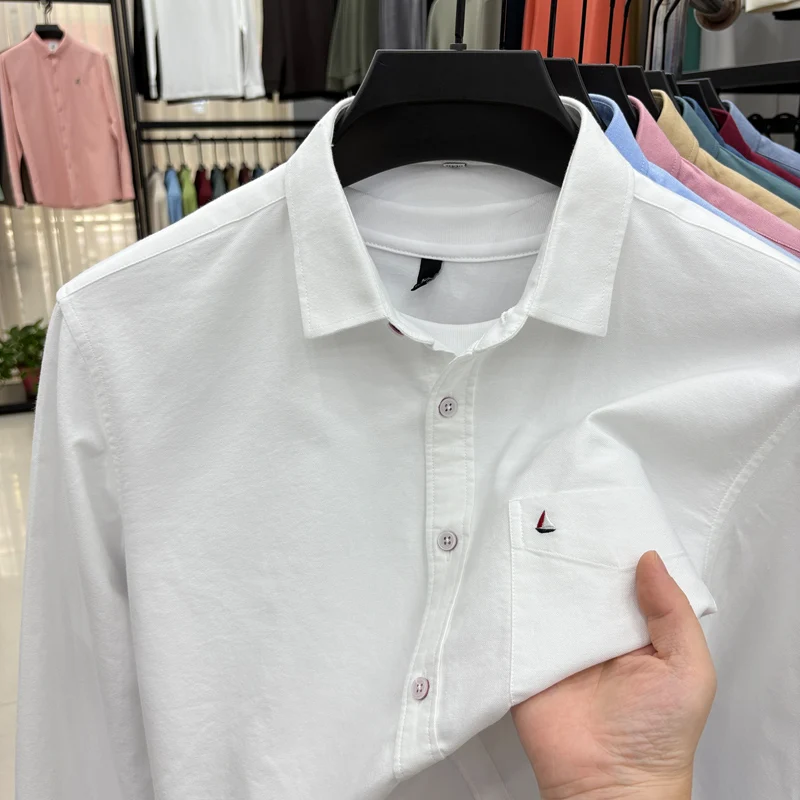 men's cotton100%  autumn high quality shirt lapel embroidery pocket long sleeves leisure business skin-friendly men clothing top