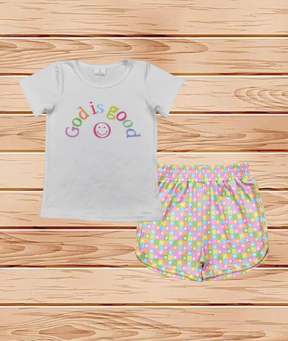 

4.18 Wholesale Western Boutique children clothing Baby Girls GOD IS GOOD Top Plaid Flowers Shorts Sets