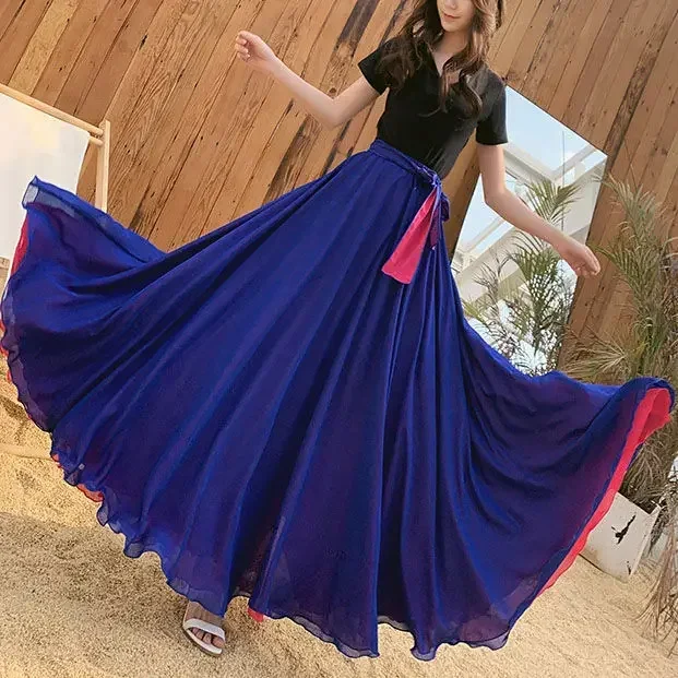 2023 Dance Skirts Chiffon Long Skirts For Women Elegant Casual High Waist Boho Beach Maxi Skirts Wear On Both Sides Saias Femme