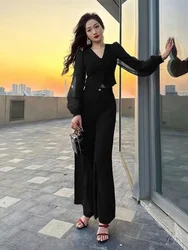 Shirt Ladies Trouser Spring Autumn Wide Leg Holiday Outfits Women's Blouse and Pants Two Piece Set Black Sexy Chic Elegant Full