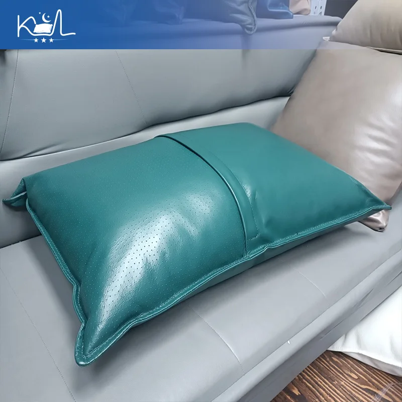 Premium Dark Green Top Grain Cowhide Pillow, Double-Sided Leather Lumbar Cushion, Rectangular Soft Comfortable