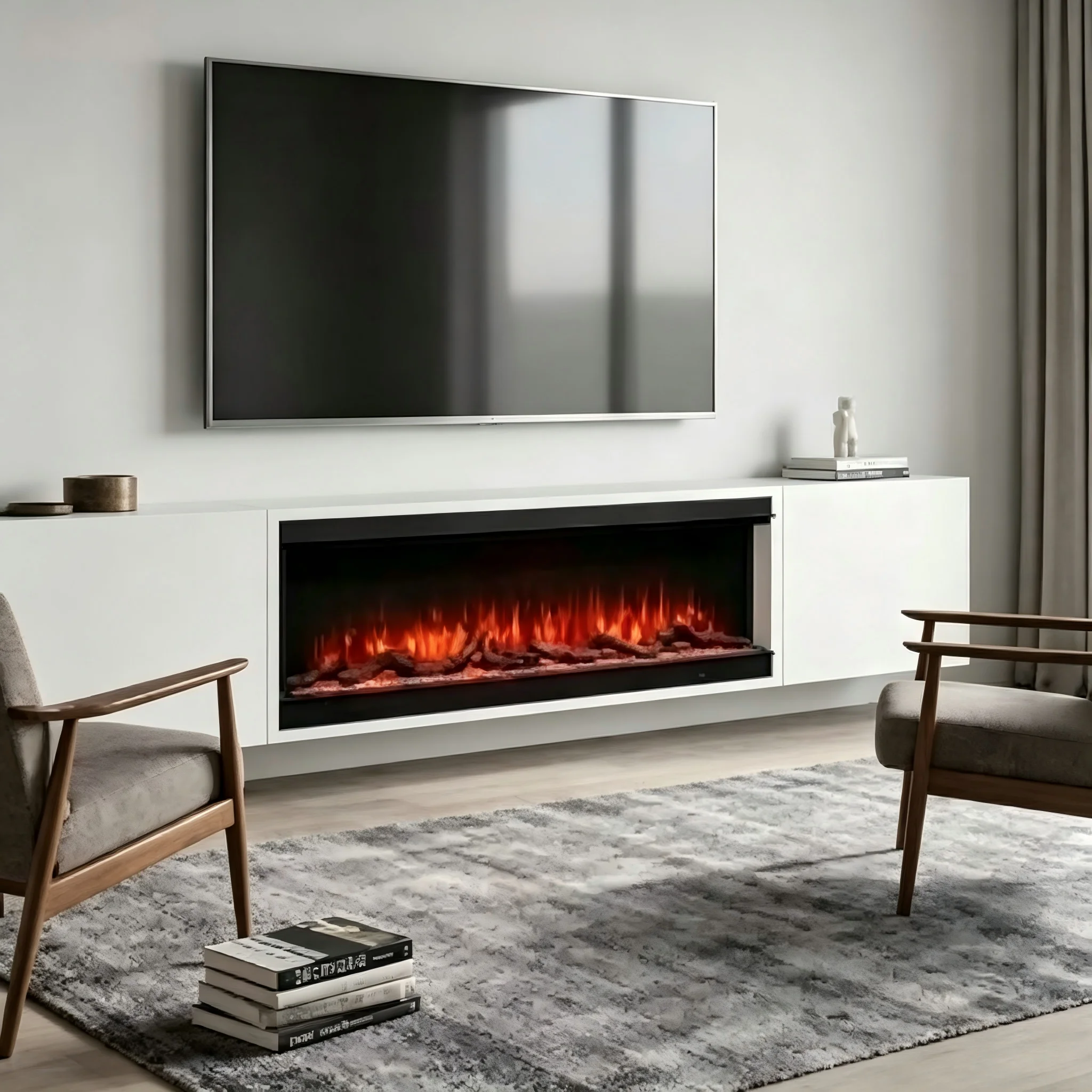 Built-in 3 Sided Electric Fireplaces, 3D Realistic LED Flames & Faux Logs, Wall Recessed Electric Fire Heater 60/70/80inch