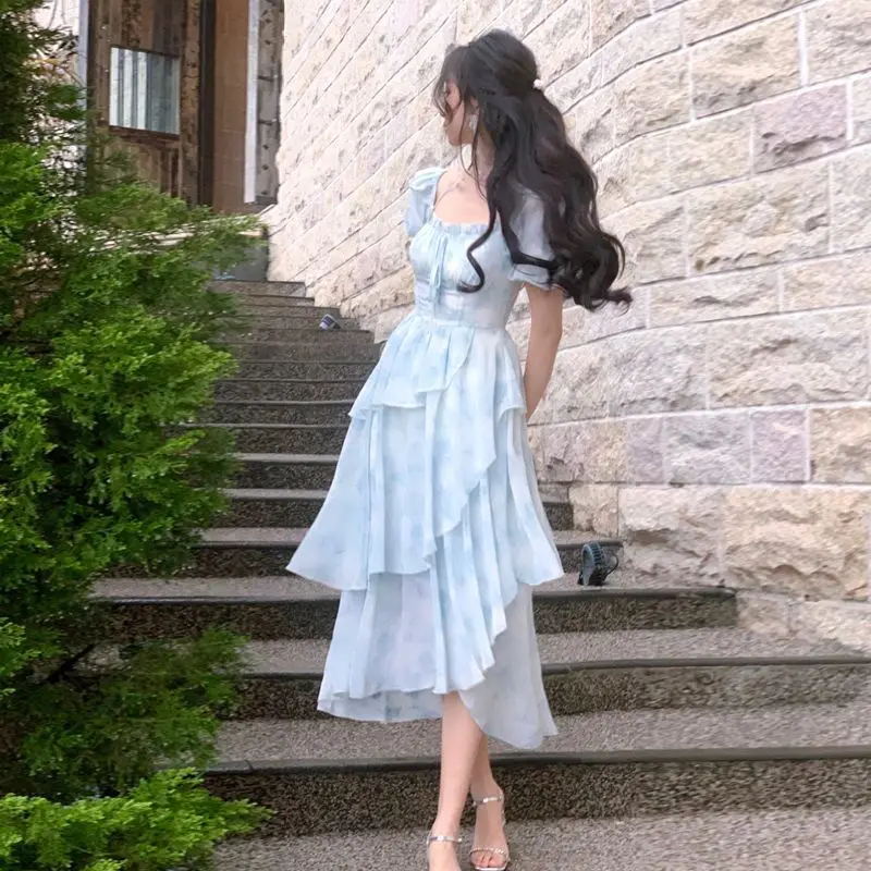 

Korea Chiffon Midi Dress for Women New Summer Elegent Party Blue Floral Vestidos Holiday Vintage Female Clothes