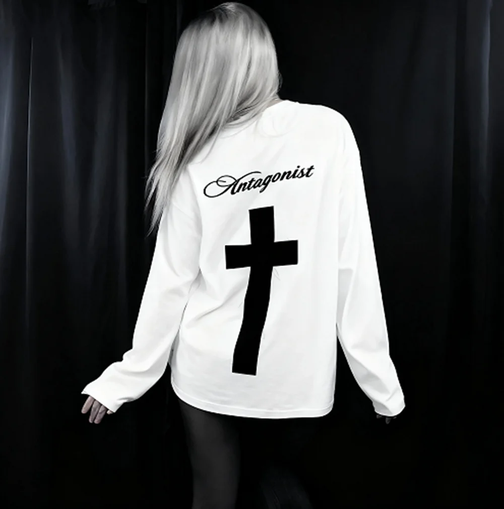 

Готическая панк-эмо-футболка большого размера для девочек, сексуальная тонкая шикарная футболка с принтом креста, повседневная футболка с длинным рукавом Y2K, Harajuku, эстетичная женская уличная одежда