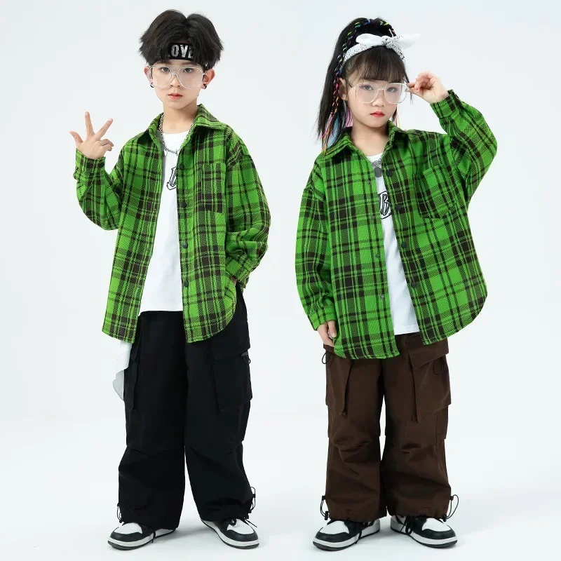 Hip-hop Children's Clothing Girls Kpop Stage Outfit Plaid Shirt Casual Cargo Pant Set Boys Jazz Dance Drum Performance Costumes