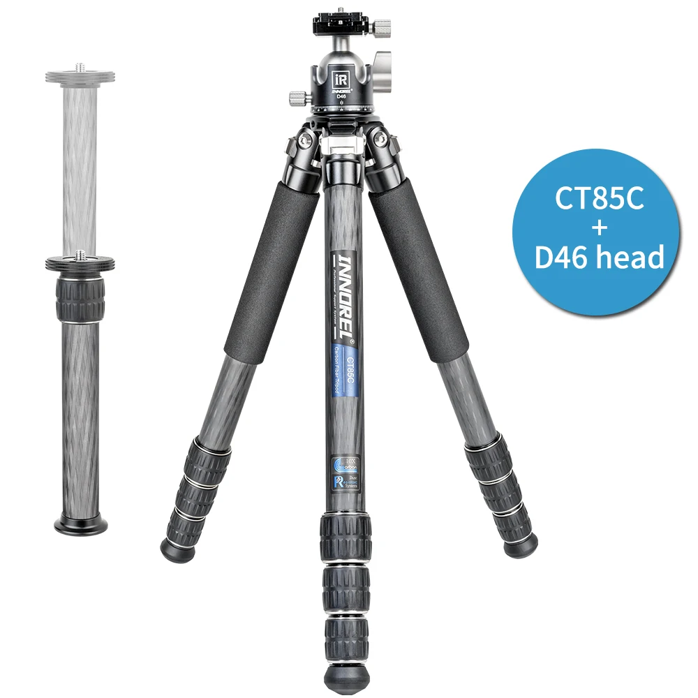 INNOREL CT75C/CT85C Koolstofvezel reisstatief voor DSLR-camera Zware standaard met balhoofd met lage zwaartekracht en korte middenkolom