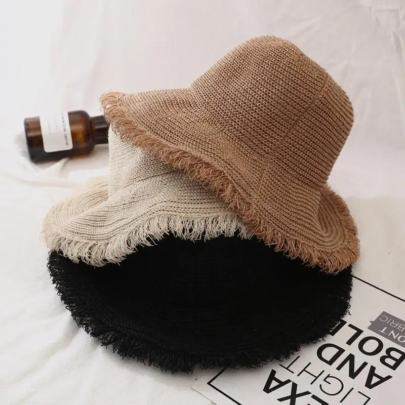 Fashion Women Panama Hats for Women Wide Large Brim Beach Sun Hats with Fashion Solid Visor Hat Straw Cap Female Bucket Hat