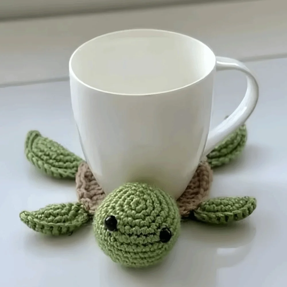 Handmade Crochet Turtle Coaster Animal-Shaped Non-slip Knitted Cup Mat Heat-Resistant Reusable Table Decor Coaster Home Decor