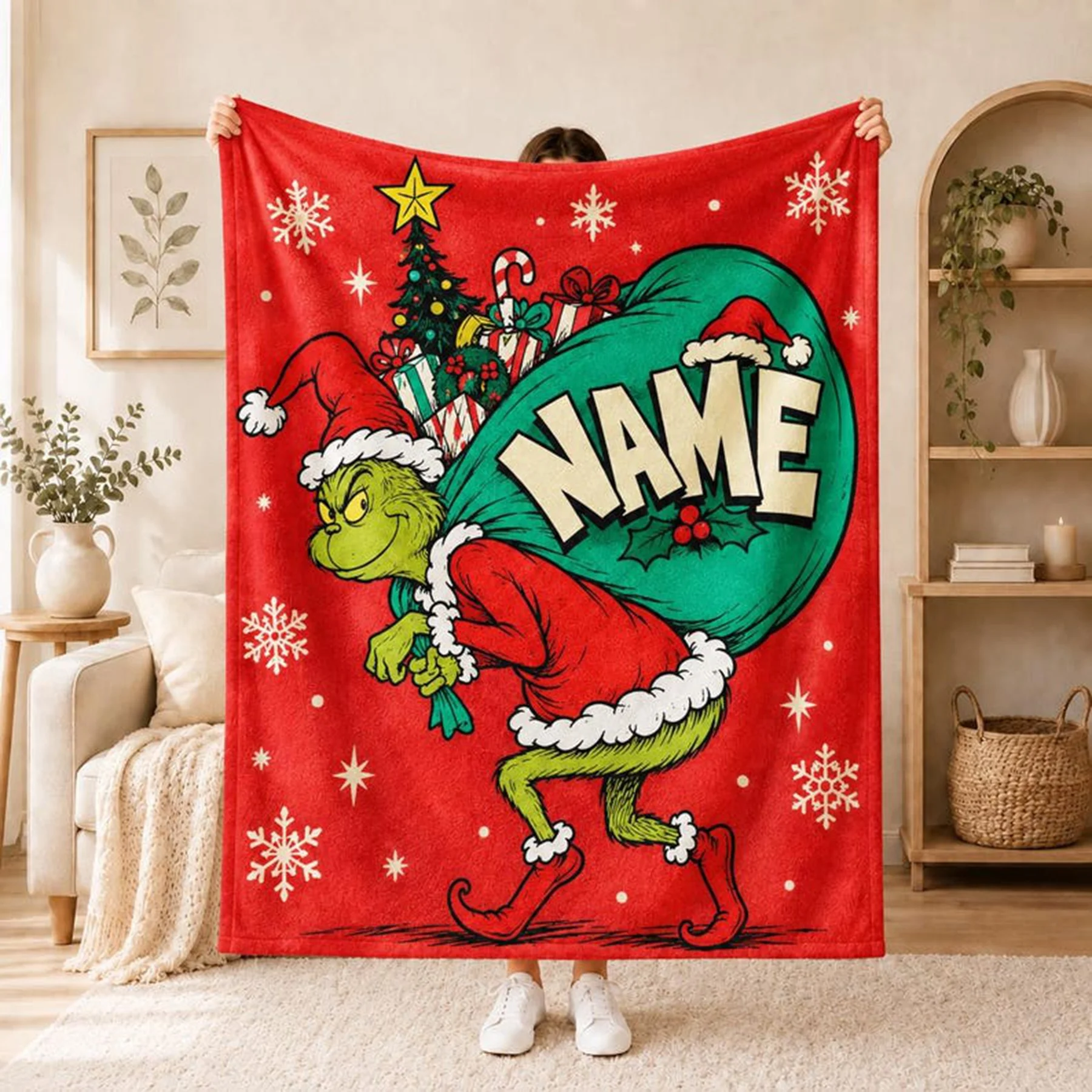 Personalized Custom Name Christmas Blanket, Super Soft Cozy Sofa Nap Cartoon Blanket, Personalized Funny Throw Blanket Xmas