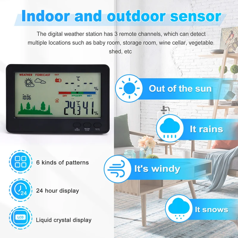 Indoor Outdoor Thermometer And Hygrometer Wireless Weather Stations With 328Ft/100M Range, Temperature And Humidity