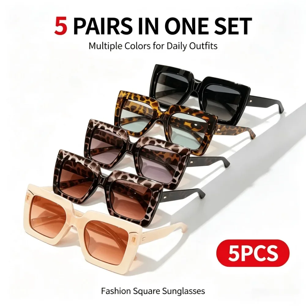 5-Pack Women's Oversized Square Sunglasses, Leopard Print Gradual Change Lenses Fashionable Sunglasses, UV400 Protection Fashionable Large Frame Glasses, Suitable for Daily Wear on Beach Trips, Recommended for Christmas and Halloween Gifts
