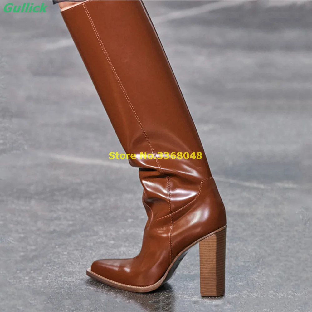 Skórzane buty do kolan na obcasie Czarny Brązowy 2024 New Arrival Moda Zimowe buty damskie Spiczaste buty wsuwane