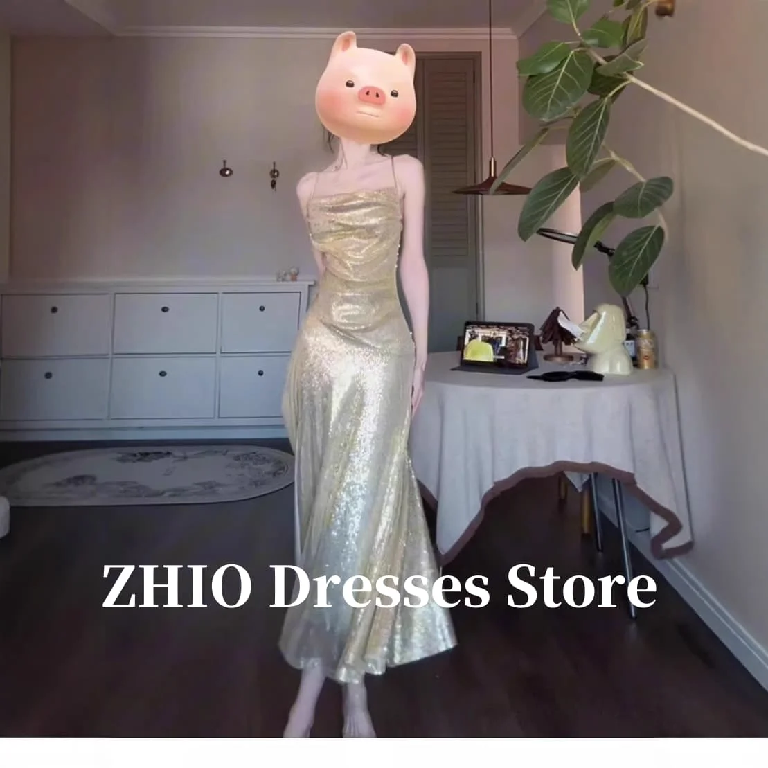 ZHIO Sparkly Gold Mermaid Evening Party Dresses Champagne Glitter Ankle Length Slim Lady Formal Prom Gowns Customized Straps