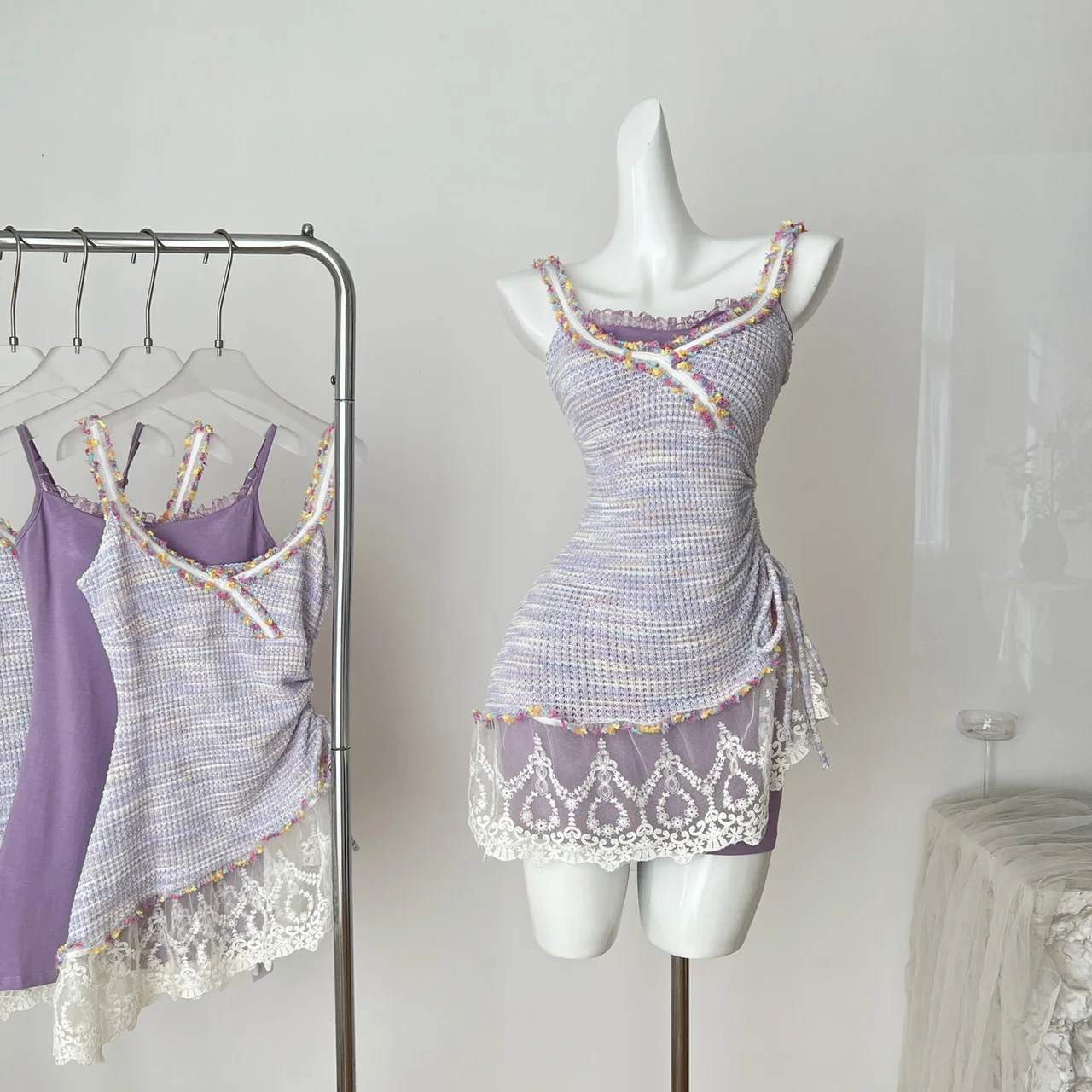 

Pure Sexy Suit Women's Summer Slim Fit Lace Patchwork Strap Dress Purple Dress Two-piece Set Fashion Female Clothes