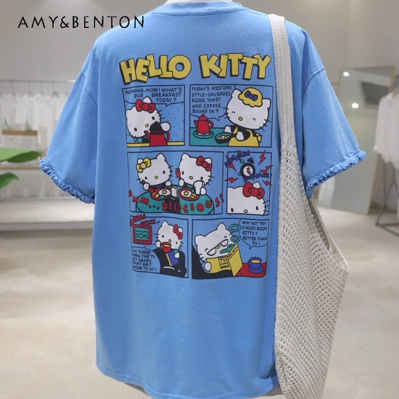 

Age Reduction Heavy Industry Bow Cartoon Printing T-shirt 2025 Summer New Cute Loose And Thin O-Neck Short-sleeved Tshirts Women
