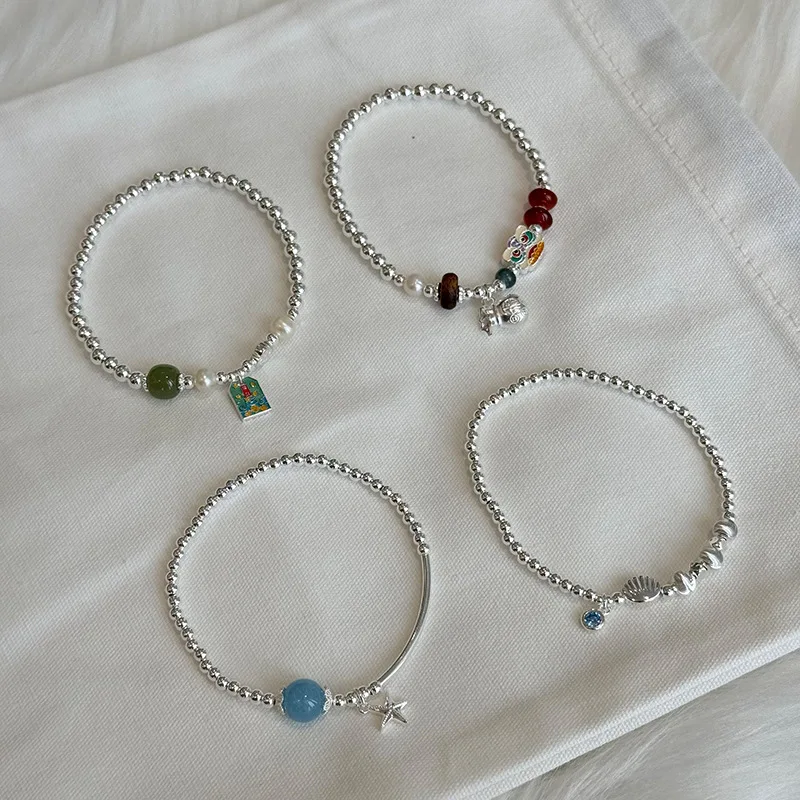 925 Silver Bracelet For Women Elastic Rope Silver Beads Bracelet Silver 925 Jewelry Fashion Chain Bracelets Female Asymmetric