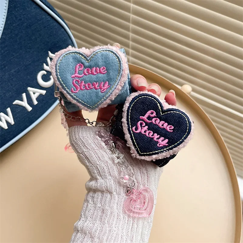 1 adet Y2K amerikan Retro Denim sevgiliye kulaklık çantası yaratıcı sevimli kız Bluetooth kulaklık kutusu zinciri ile Airpod için 1 2 3 Pro