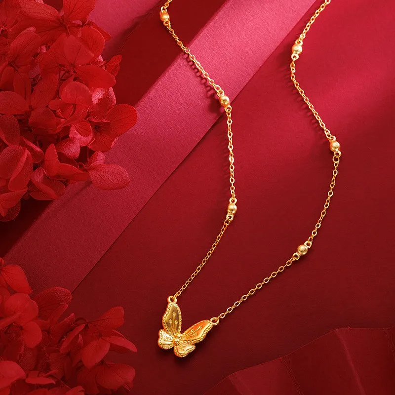 

24K Yellow Gold Flower Moon Festival Butterfly Necklace, 999 Real Gold Vintage Texture Butterfly Clavicle Chain for Women