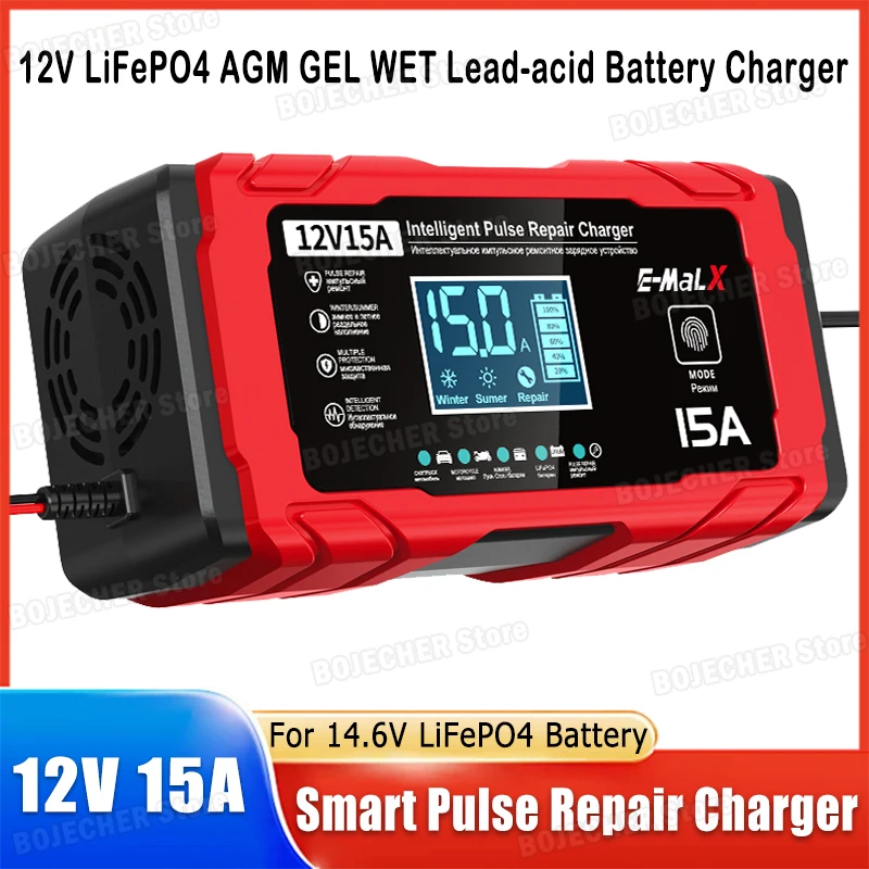

14.6V 15A Lifepo4 Battery Smart Pulse Repair Charger 12V 15A 24V 8A Electric Motorcycles Charger For Lead Acid AGM GEL Battery