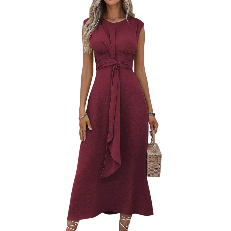 A83F-Womens Summer Casual Sleeveless T Shirt Midi Dress Slim Fit Tie Waist Tank Long Dresses 2025 Vacation Sundress