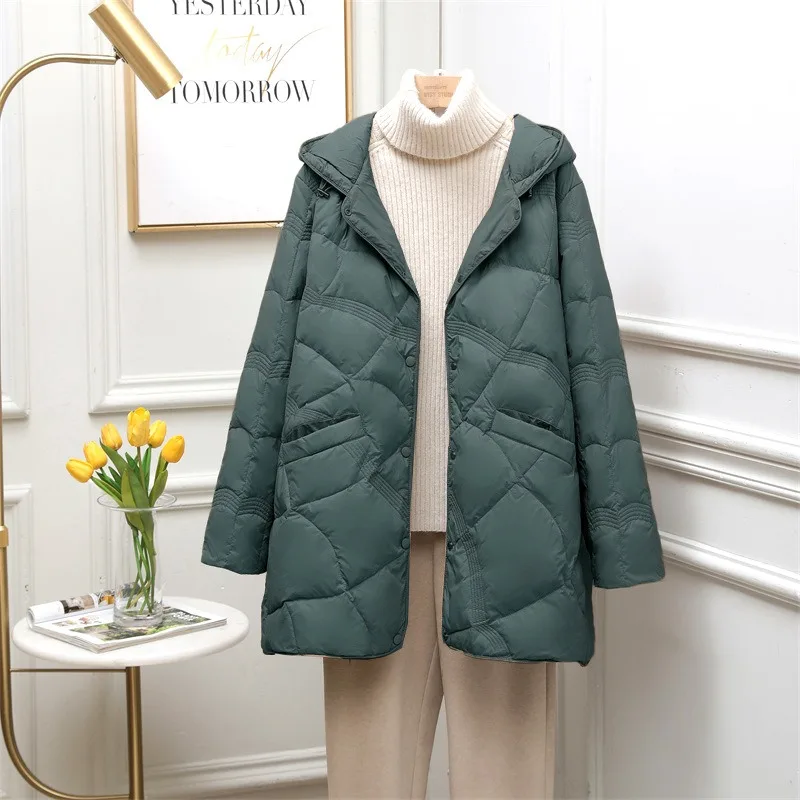 2024 New Xiangyun Embossed Down Jacket Women's New Hooded Mid-length Winter Fashion Simple Lightweight White Duck Down Jacket