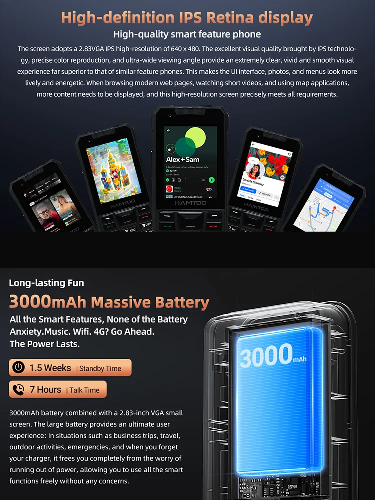 HAMTOD H6 IP68 Rugged Smart Phone 2.83’’ Screen 3GB+32GB 3000mAh Dual-camera setup Android 11 Support VoLTE Cellphone 4G