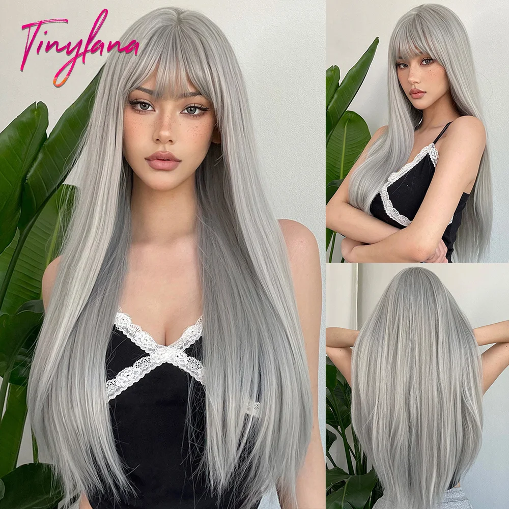 Long Straight Silver Ash Gray Synthetic Wigs Lolita Cosplay Natural Hair with Bangs for White Women Party Daily Heat Resistant