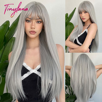 Long Straight Silver Ash Gray Synthetic Wigs Lolita Cosplay Natural Hair with Bangs for White Women Party Daily Heat Resistant