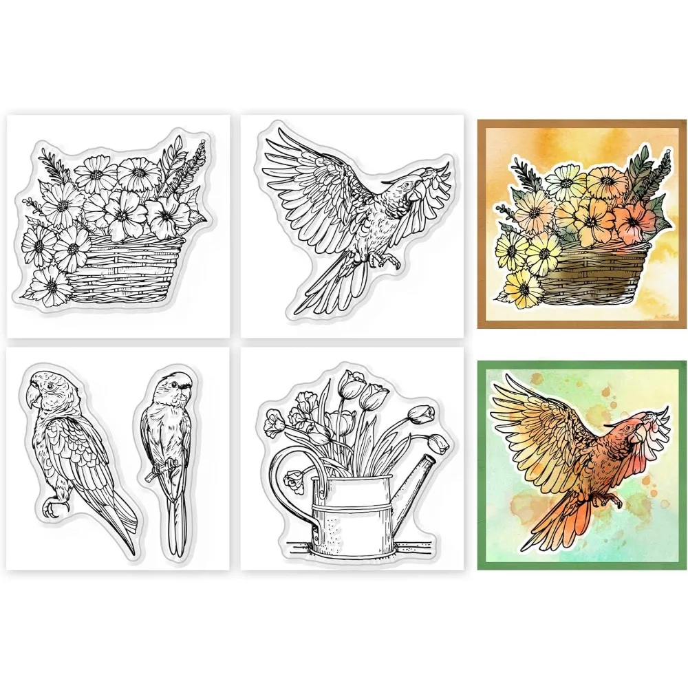 4Pcs Mini Parrot Flowers Clear Stamps for DIY Scrapbooking Silicone Stamp Seals Flower Basket Transparent Stamps for Cards