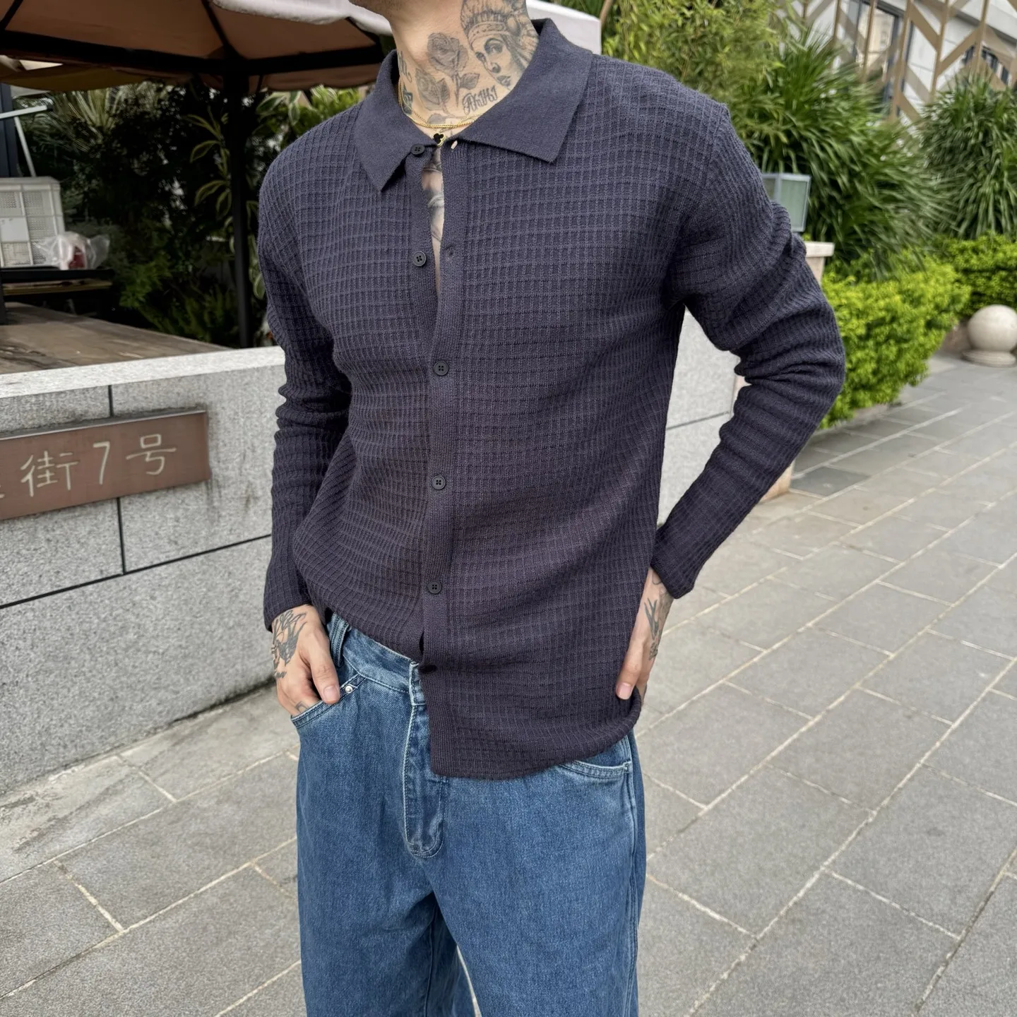 

Italian LP 25 Early Autumn New Fashion and Comfortable Men's Casual Solid Color Cardigan Bottom Lapel Knitted Sweater