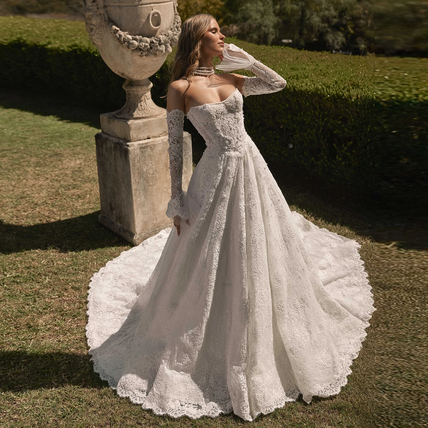 

Sharon Said High Quality Elegant Strapless Lace White Wedding Dress 2025 Long Sleeves Ball Gown Bridal Gowns SW061 Customized